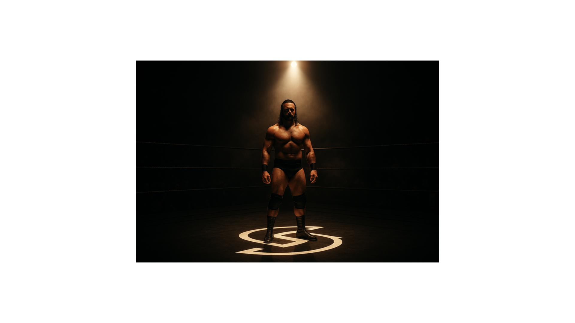 A wrestler stands under a spotlight on a glowing brand-mark logo in the center of a darkened arena, symbolizing transformation from persona to marketable identity.