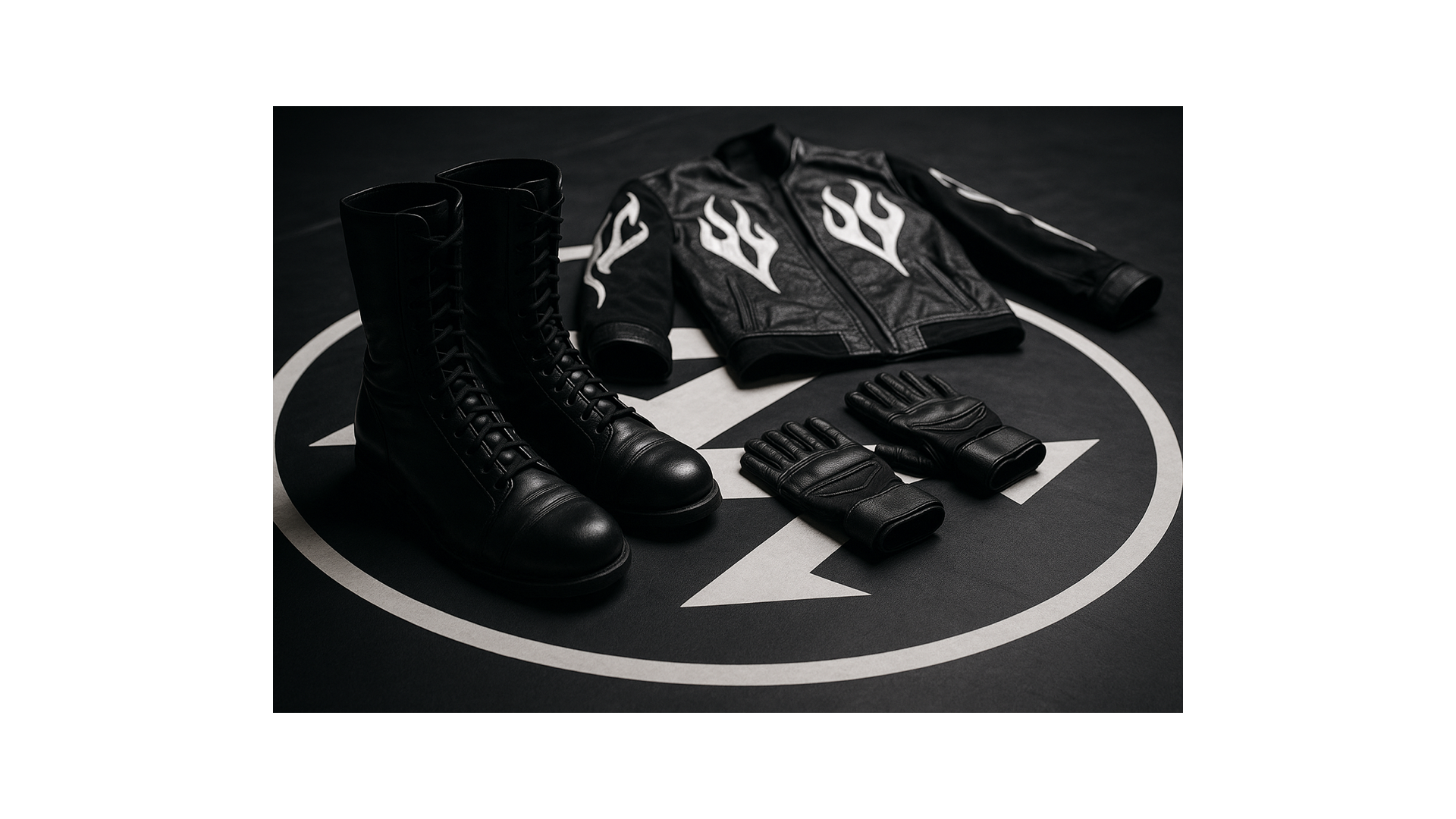 Detailed shot of a wrestler’s boots, gloves, and ring jacket arranged neatly on a branded logo mat, symbolizing preparation, identity, and professional refinement.