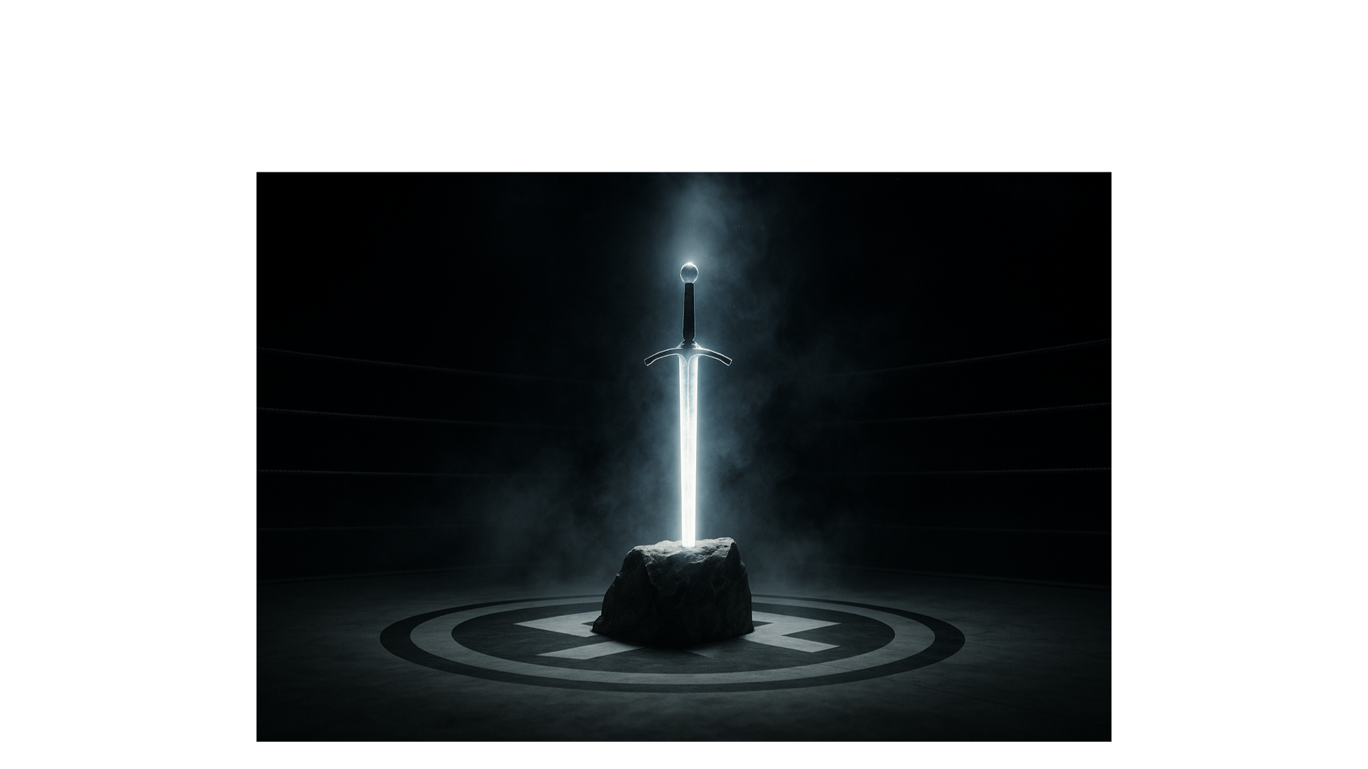 A glowing sword embedded in stone at the center of a wrestling-ring-style arena under a misty spotlight, symbolizing the power of discipline and belief.
