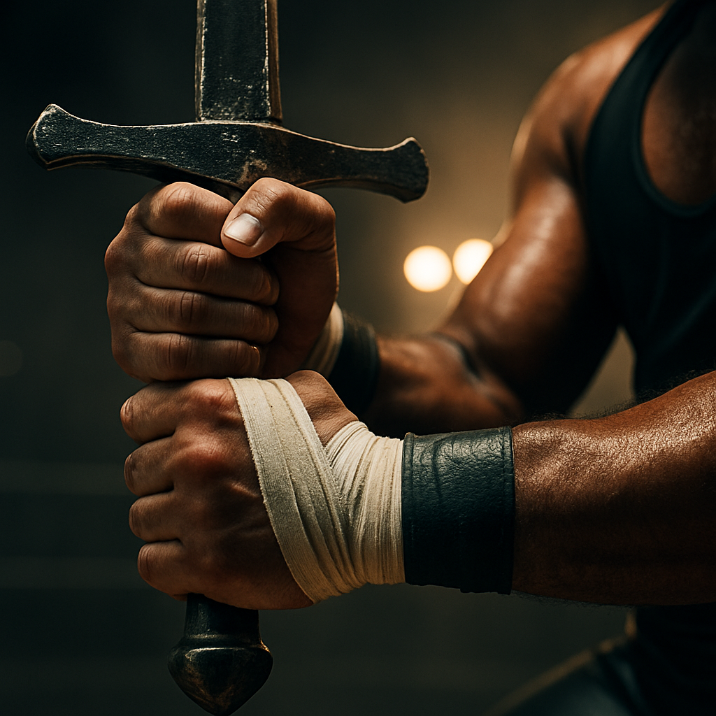 Close-up of a wrestler’s taped hands gripping a sword hilt under arena lights, symbolizing effort, persistence, and growth through discipline.
