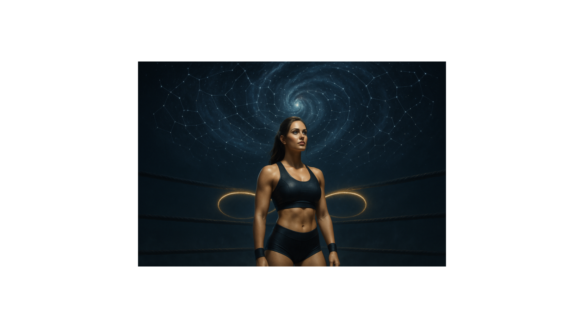 A lone wrestler stands beneath a swirling night sky shaped like a timeline of constellations; ring ropes form an infinity symbol.