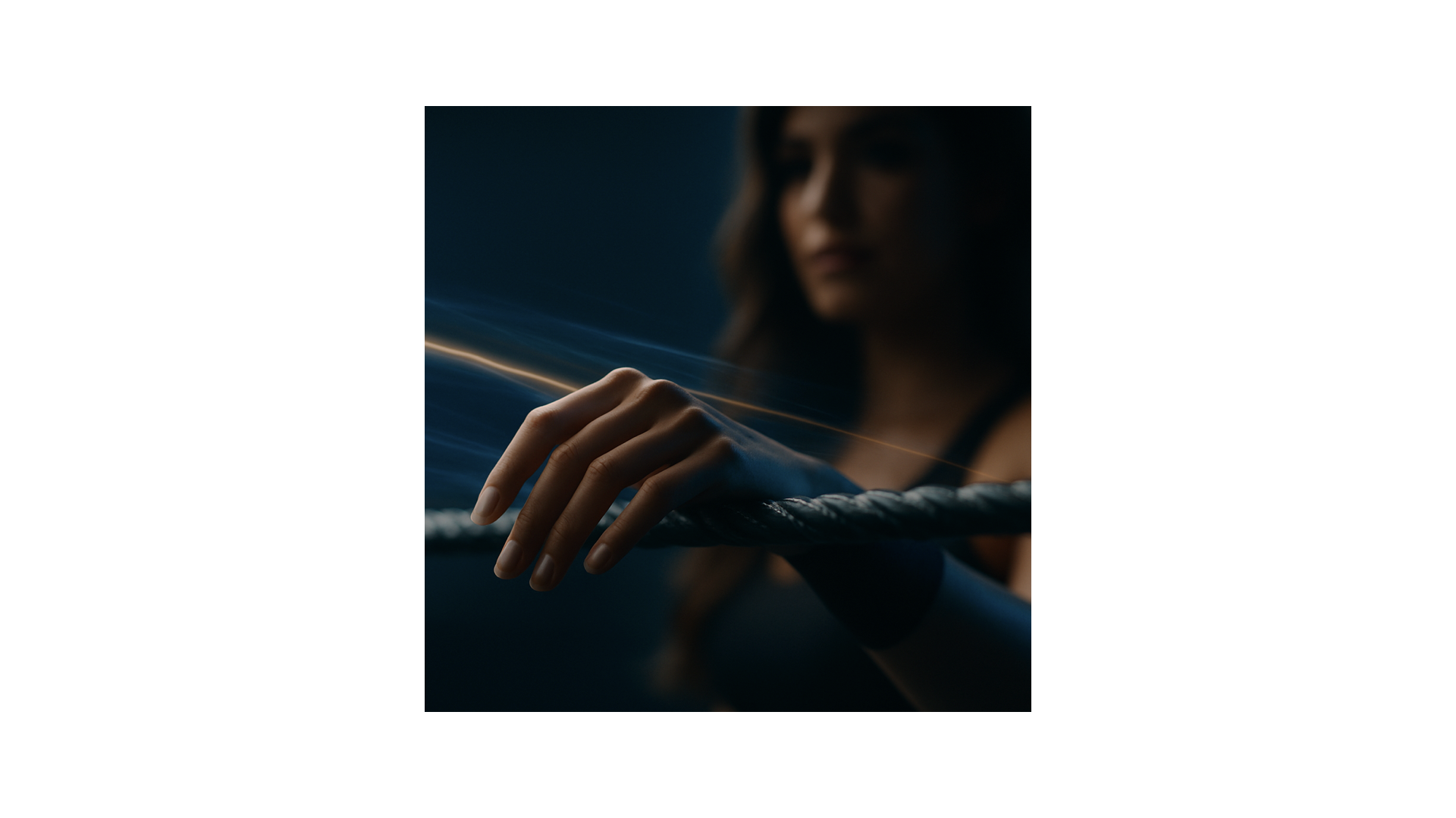 Close-up of a wrestler’s hand touching the ropes, faint blue and gold light streaking across, representing energy flow and universal connection.