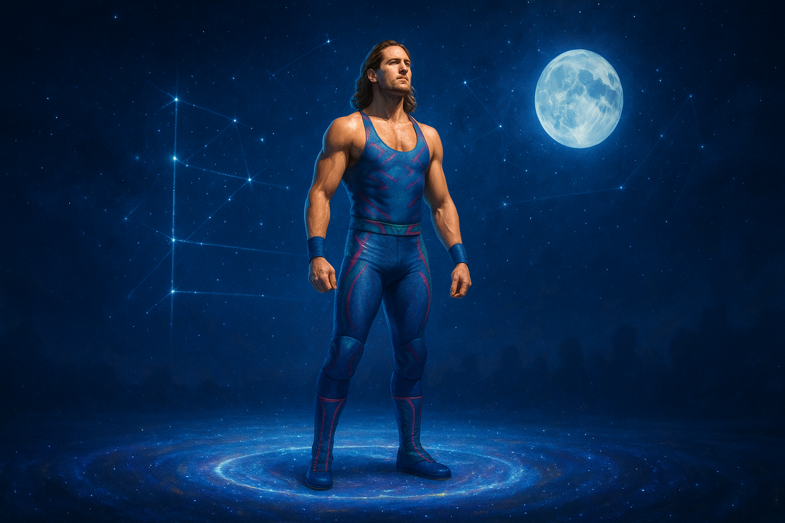 Wrestler standing on a glowing galaxy-shaped stage with constellations forming a wrestling ring behind them, symbolizing destiny and universal alignment.