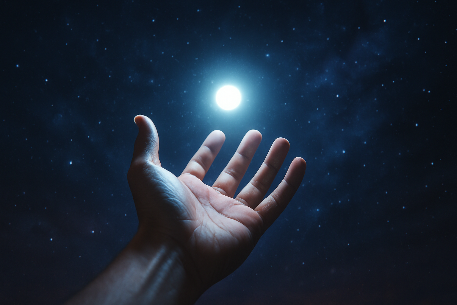 Hand reaching toward a faint glowing light, representing personal energy and purposeful connection.