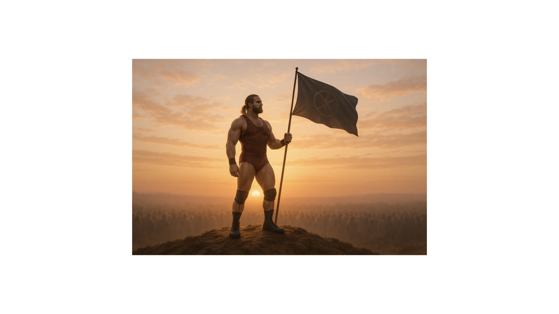 Wrestler standing atop a hill at dawn holding a flag with a subtle emblem, symbolizing awakening, leadership, and new beginnings.
