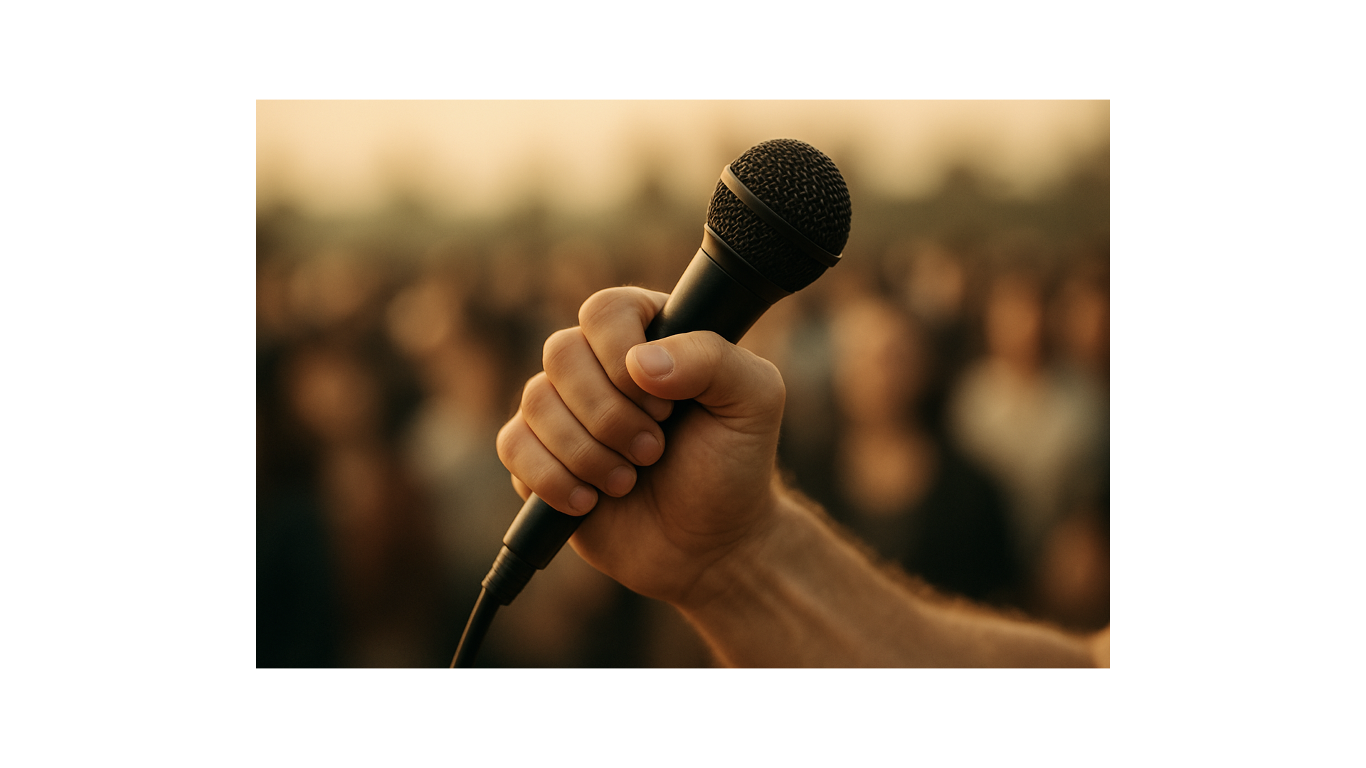 Hand gripping a microphone or flagpole with blurred supporters in the background, representing passion and the birth of a movement.