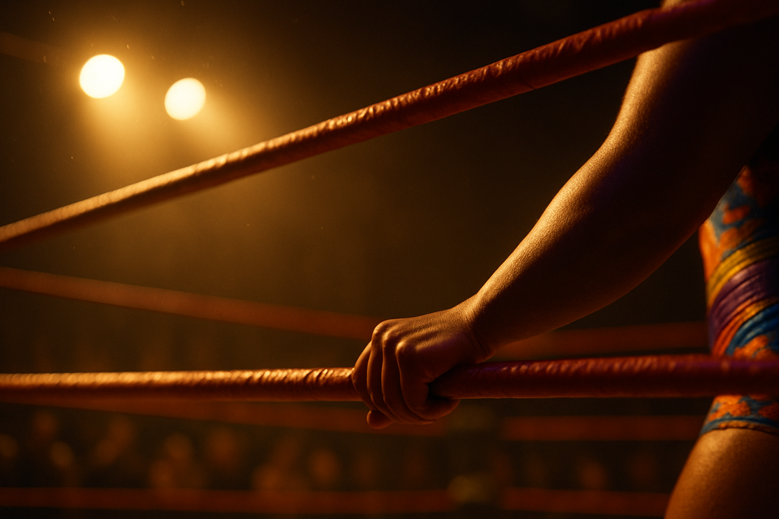 Hand gripping the middle ring rope illuminated by stage lights, representing resilience, re-entry, and controlled focus.