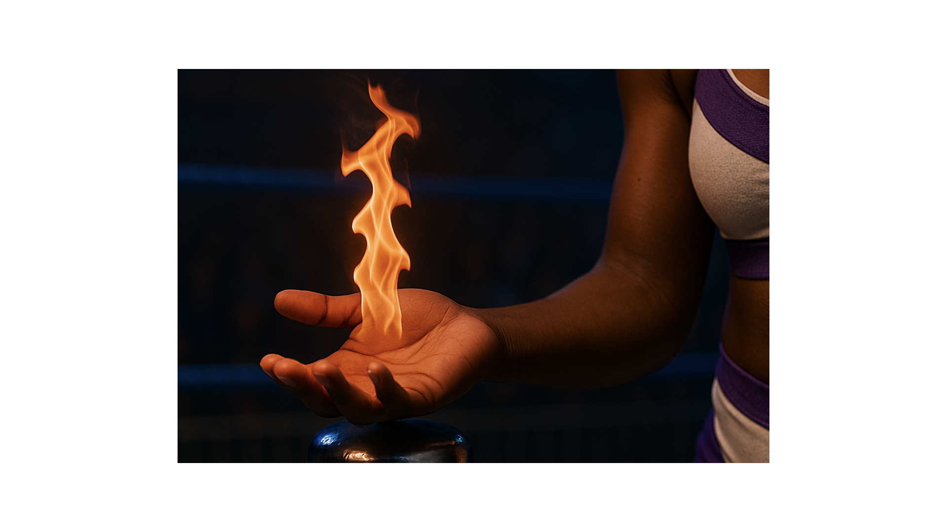 Wrestler’s gloved hand holding a torch with the crowd faintly reflected in the metal, representing passion controlled by focus.