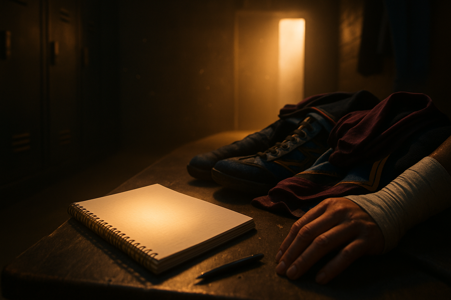 Locker room scene with a notepad beside wrestling gear and taped wrists, soft arena light shining through the doorway, symbolizing reflection and readiness.