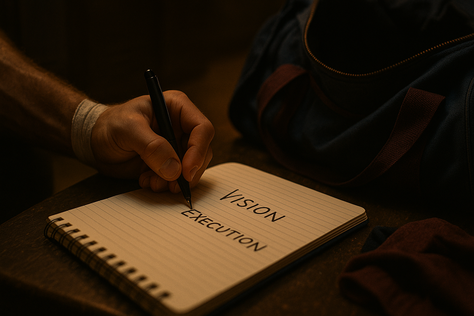 Wrestler’s hand writing notes labeled 'Vision' and 'Execution' beside an open gym bag, symbolizing disciplined planning and intentional focus.