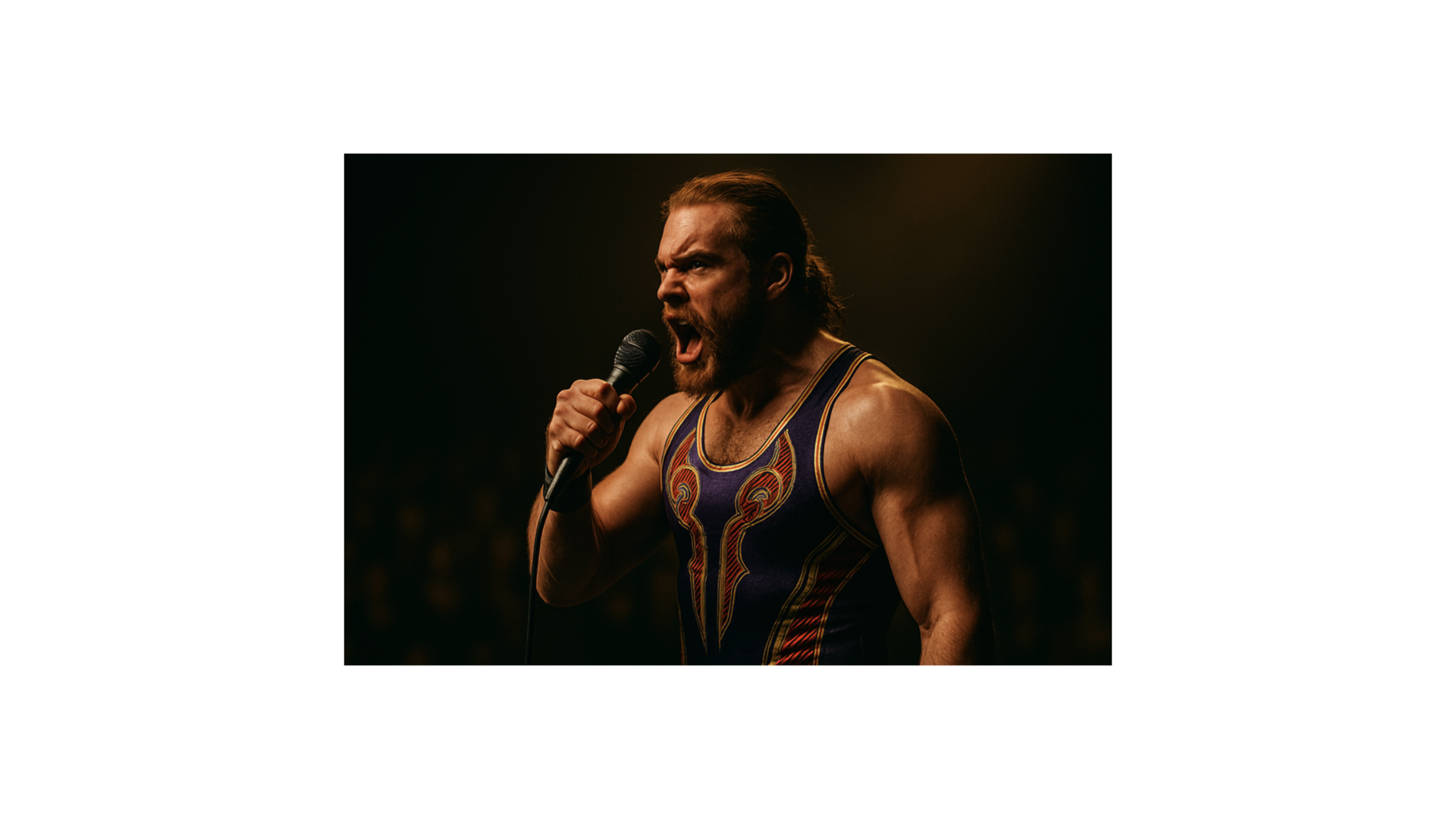 Wrestler mid-promo beneath a spotlight, half shadowed with audience silhouettes reflecting emotion, symbolizing motive and storytelling artistry.