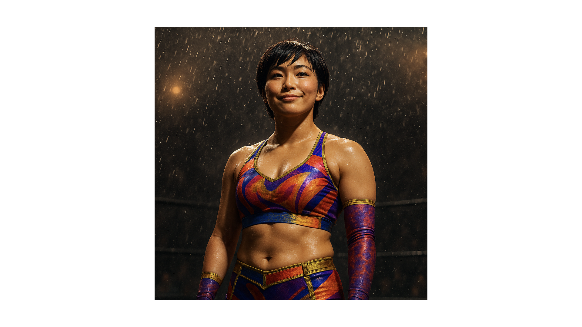 Lone wrestler standing tall in a rain-soaked arena mid-match, symbolizing resilience and courage under imperfect conditions.