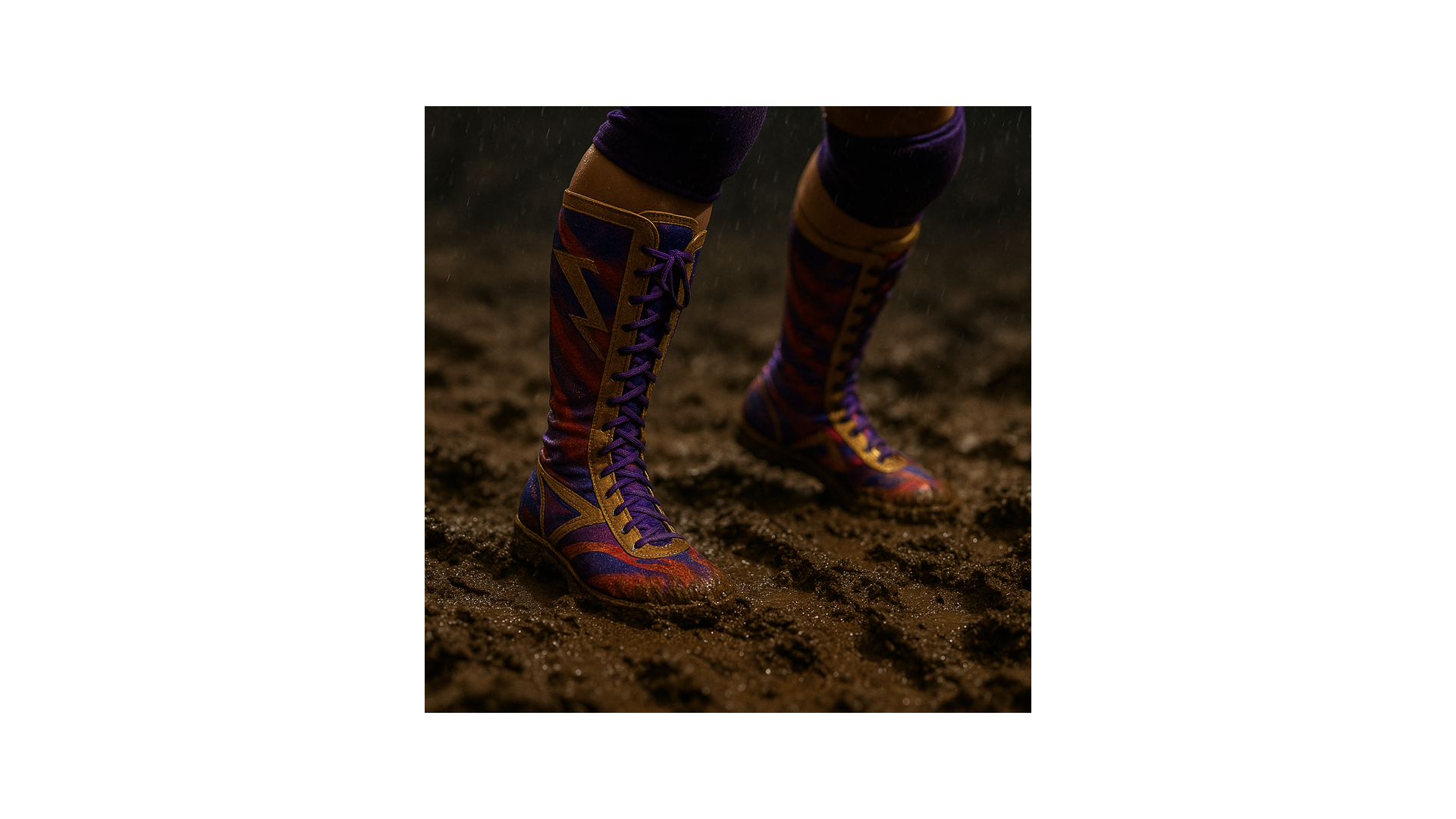 Muddy wrestling boots stepping forward through uneven ground, representing persistence and adaptability in challenging environments.
