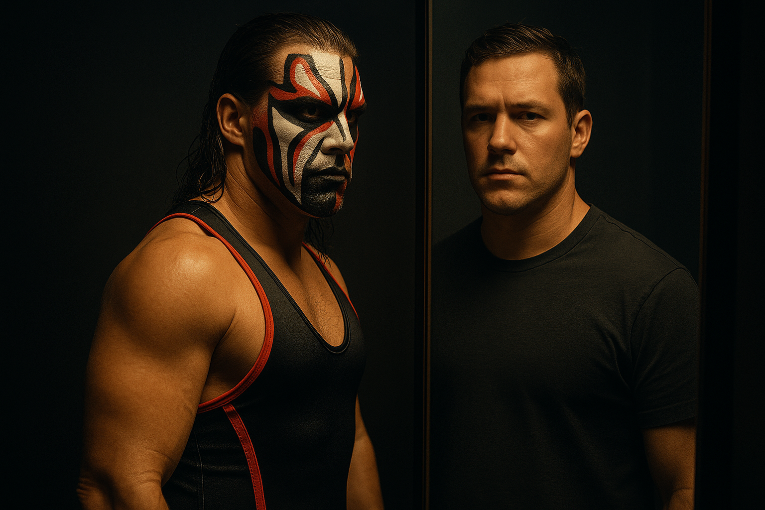 Wrestler facing a mirror split between their in-ring persona and real self, symbolizing identity, ownership, and control over one's image.