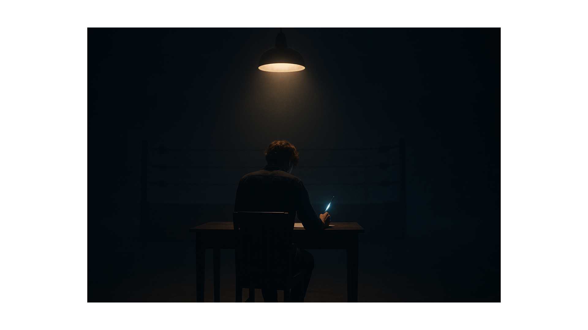 Lone writer at a desk under a single spotlight in a dark arena with a faint wrestling ring outline, symbolizing creation and escape from comfort.
