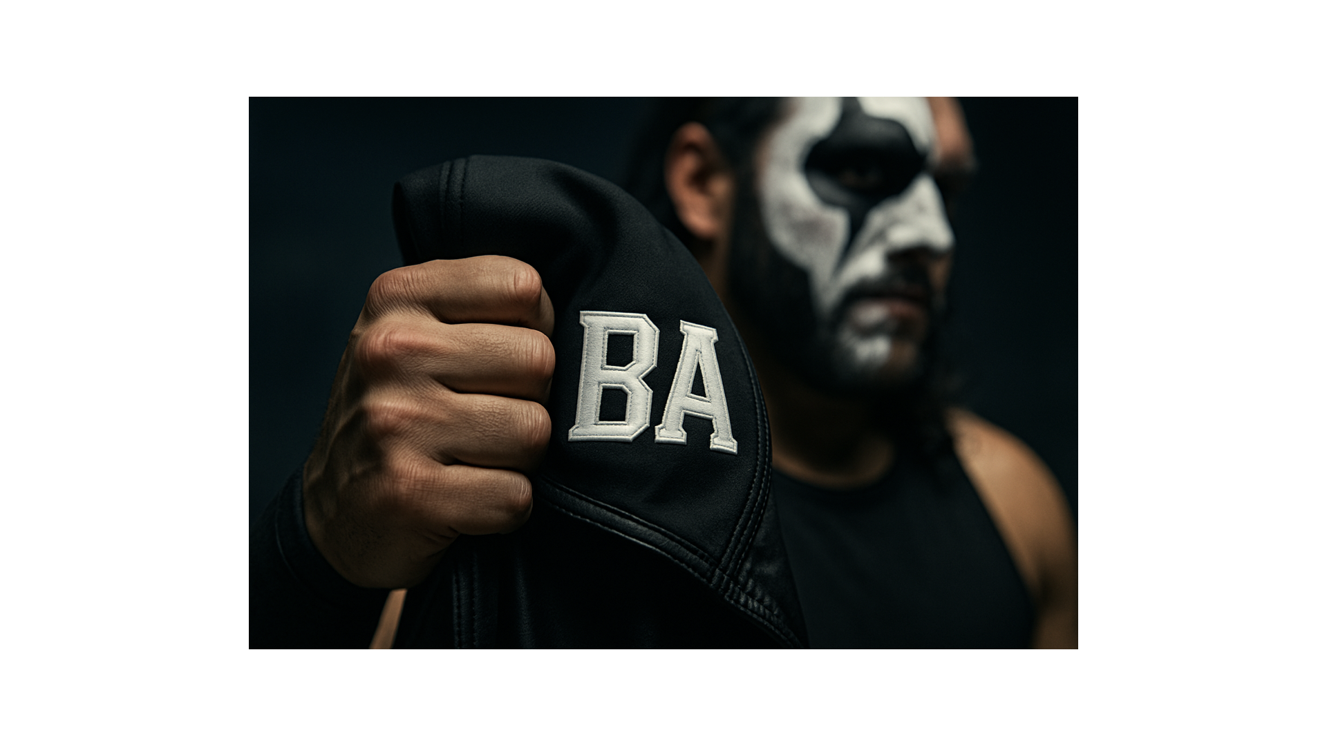 Wrestler's hand gripping a branded mask or jacket with initials, representing ownership of character and personal identity.