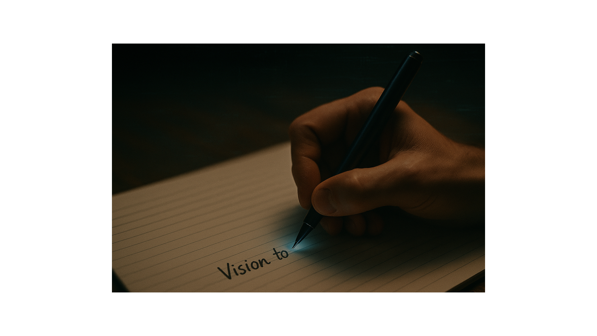 Hand writing 'Vision to Path' on paper with a digital reflection overlay, representing focus against distraction.