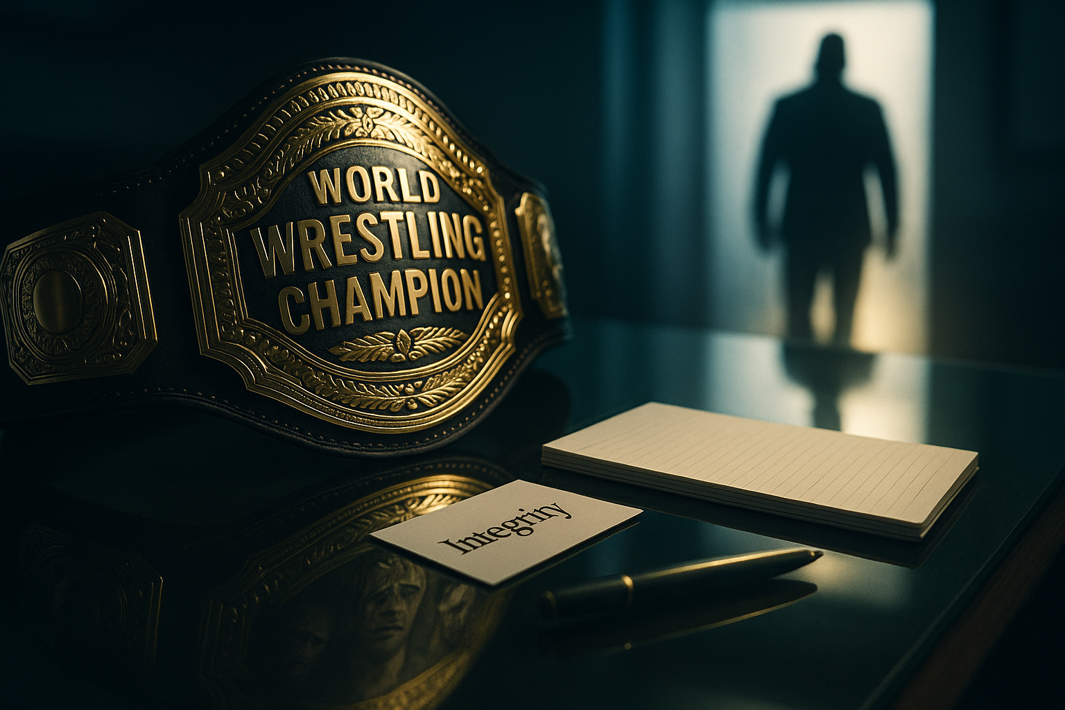Wrestler standing in the center of a dimly lit arena, surrounded by faint echoes of cheering fans, symbolizing the weight and value of reputation.