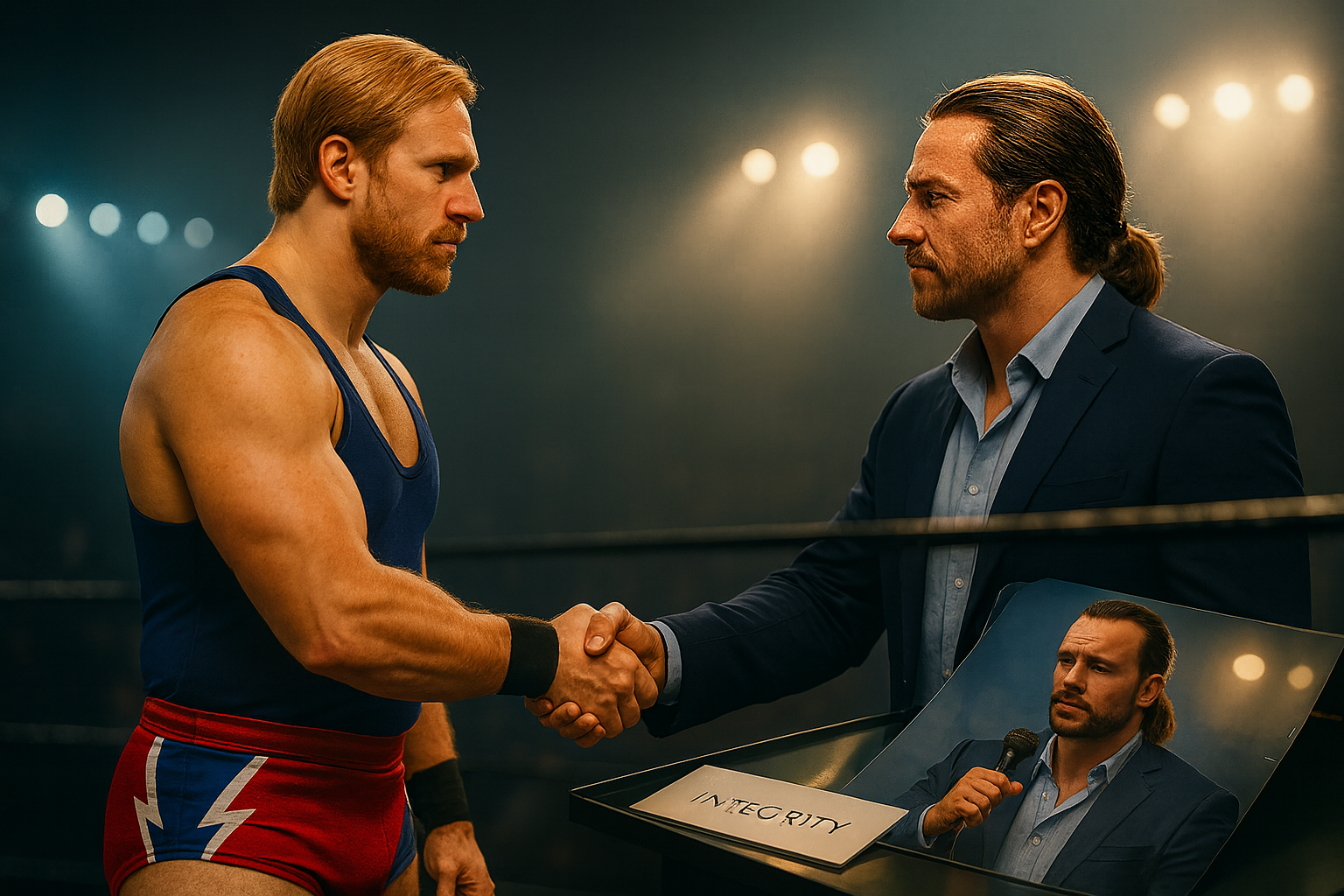 Close-up of a wrestler’s hand shaking another’s, symbolizing trust, respect, and the weight of reputation.