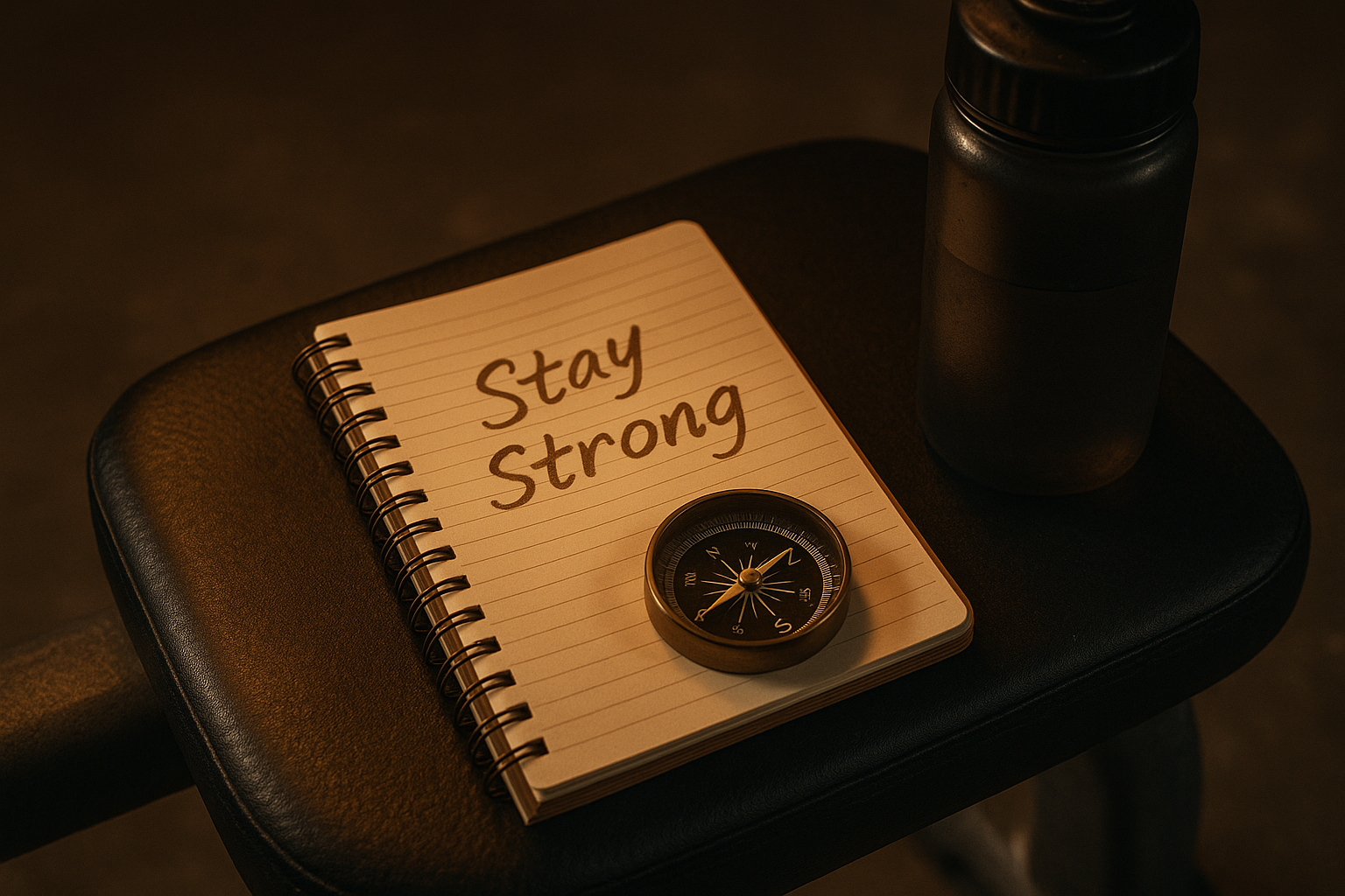 Compass and notebook on a gym bench beside a water bottle, representing planning, direction, and disciplined resilience.
