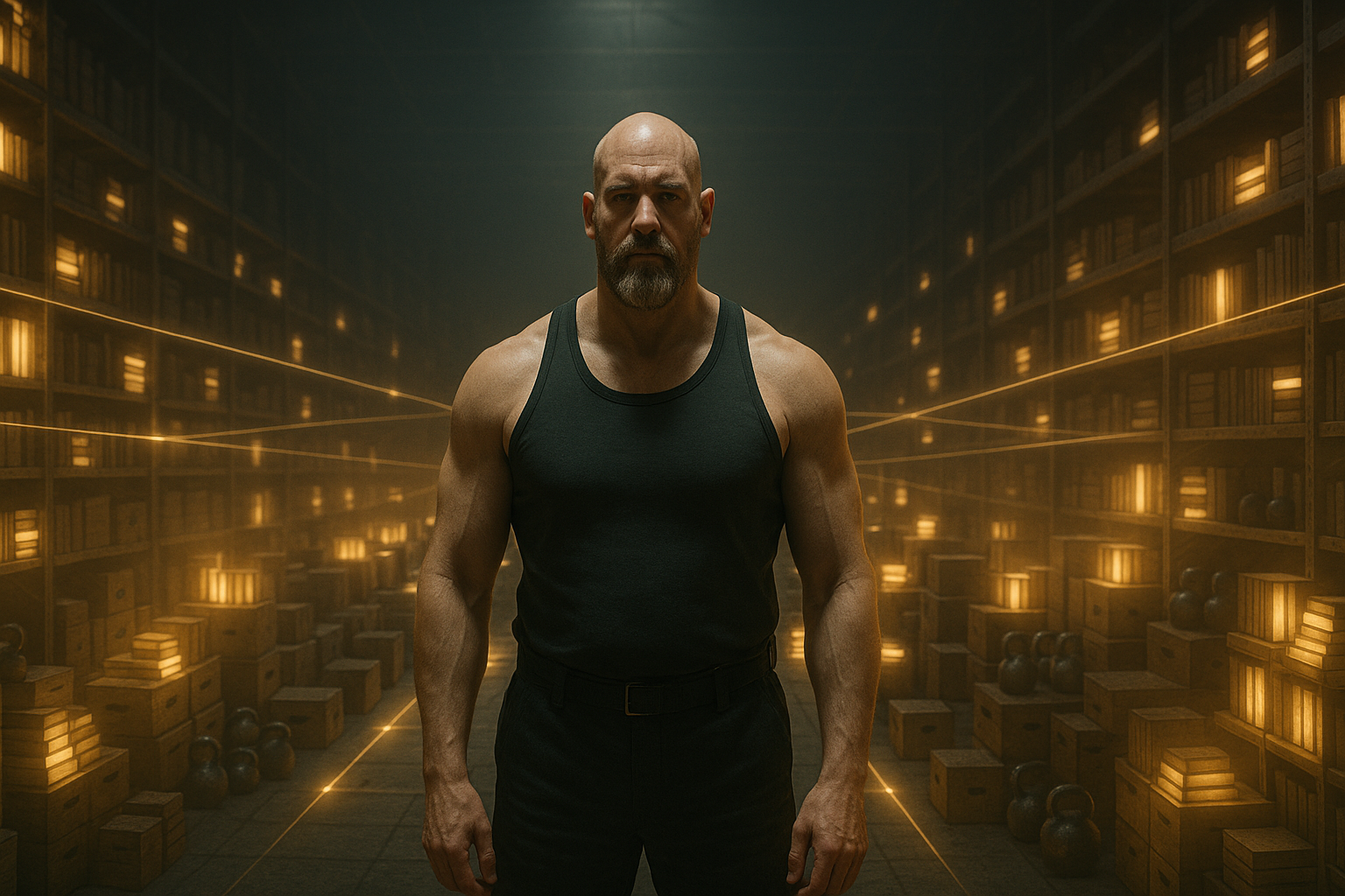 Wrestler standing in the center of a glowing warehouse filled with books and training equipment, symbolizing knowledge transformed into power.