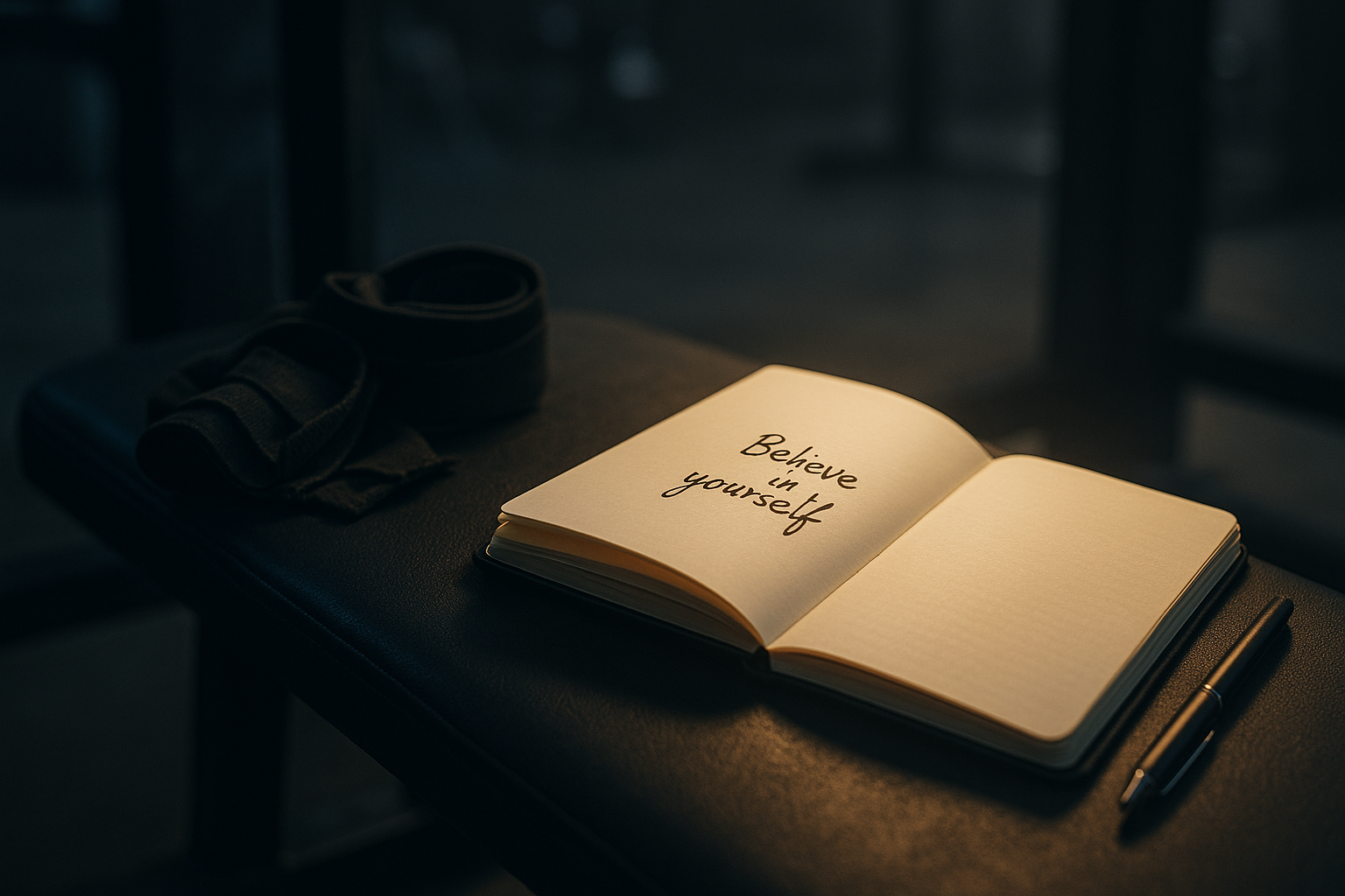 Glowing notebook on a gym bench beside wrist wraps and a pen, representing disciplined learning and applied growth.
