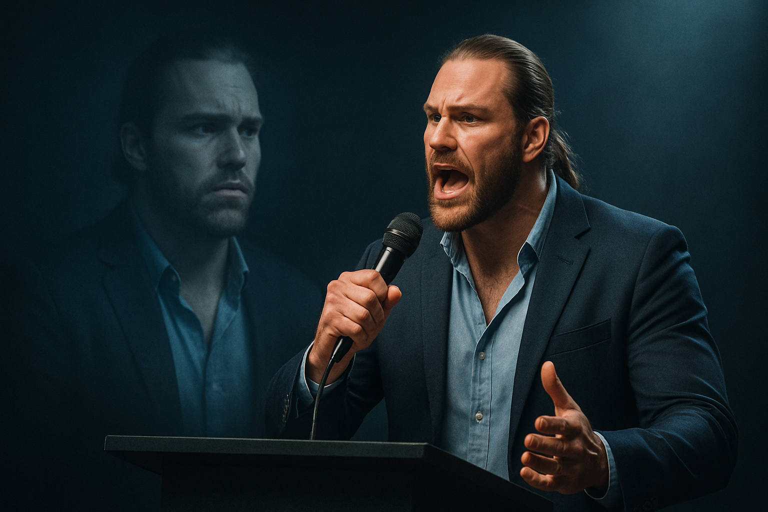 Wrestler standing at a podium beneath a spotlight, reflection behind showing one confident and one uncertain self, symbolizing authenticity and truth in branding.