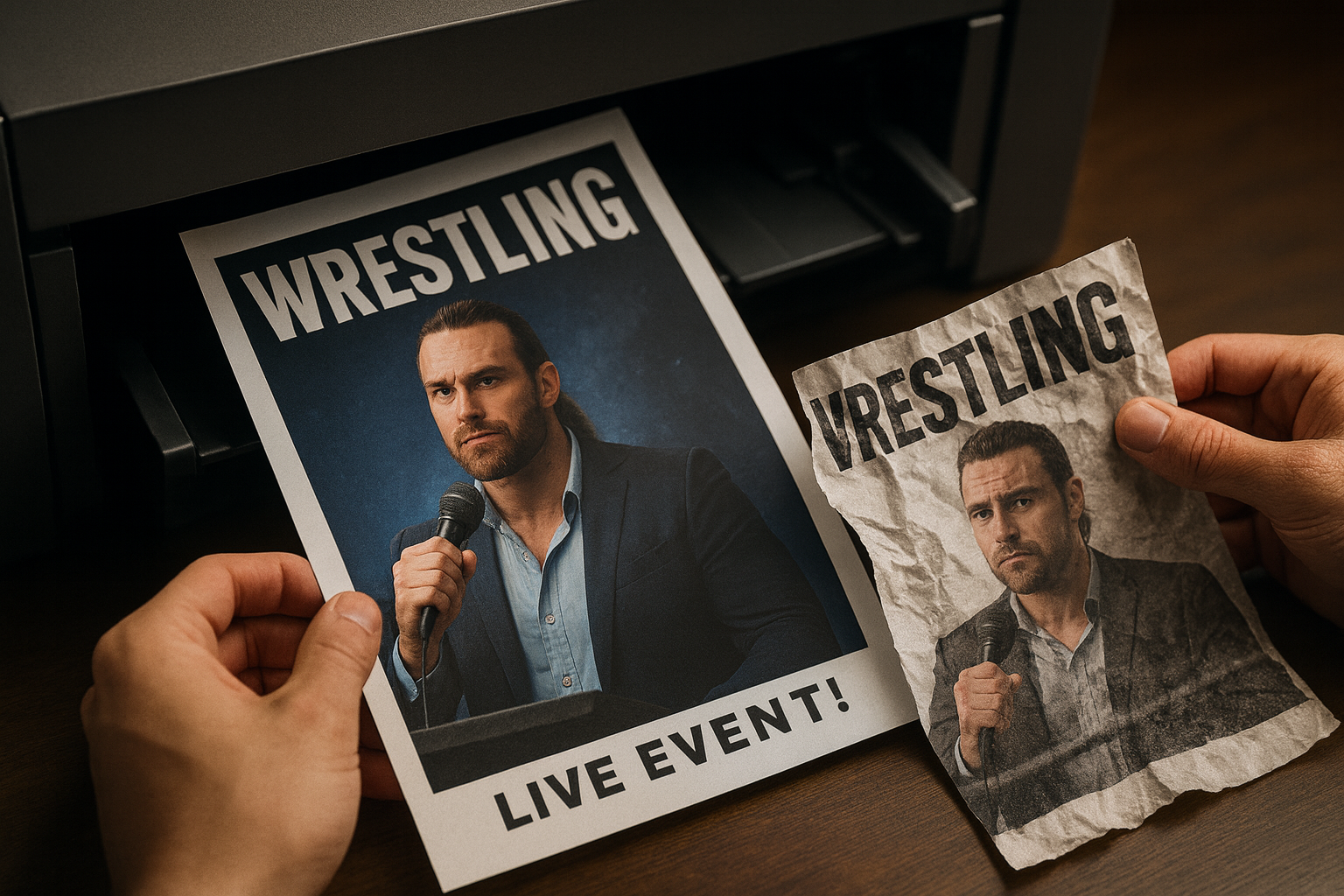 Wrestling flyer being printed with one version clear and another smudged, representing the contrast between false and true advertising.