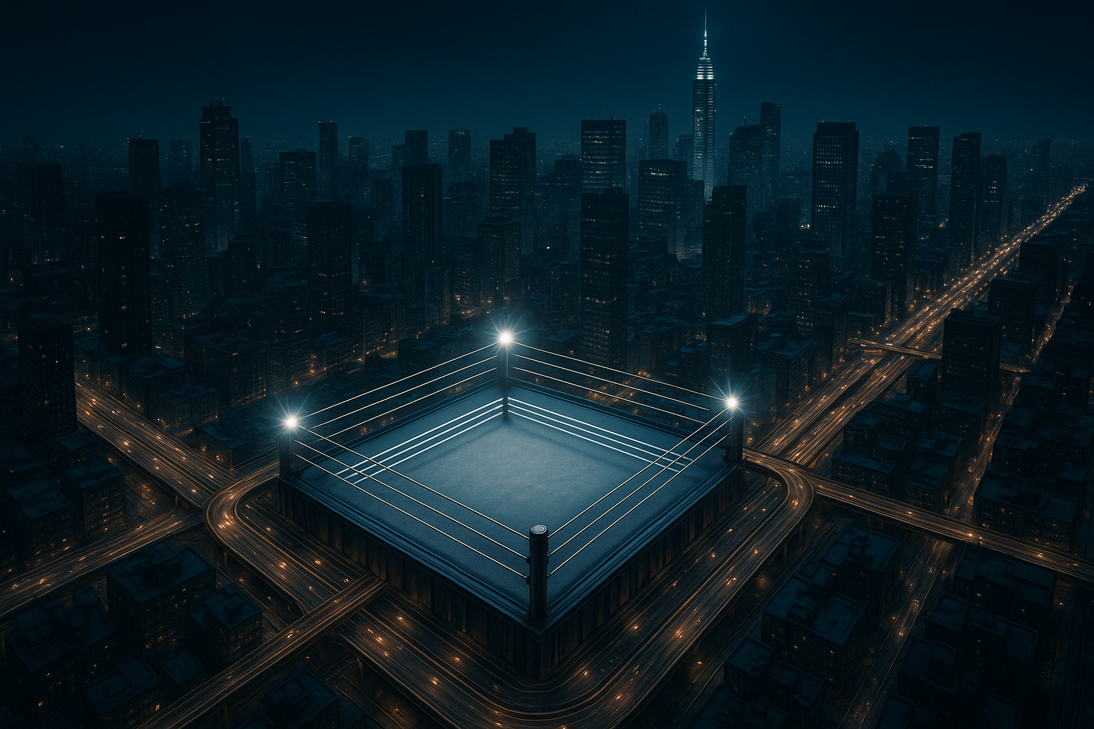 Hands adjusting miniature arena models over blueprints with a faint wrestling ring sketch, symbolizing planning and disciplined vision.