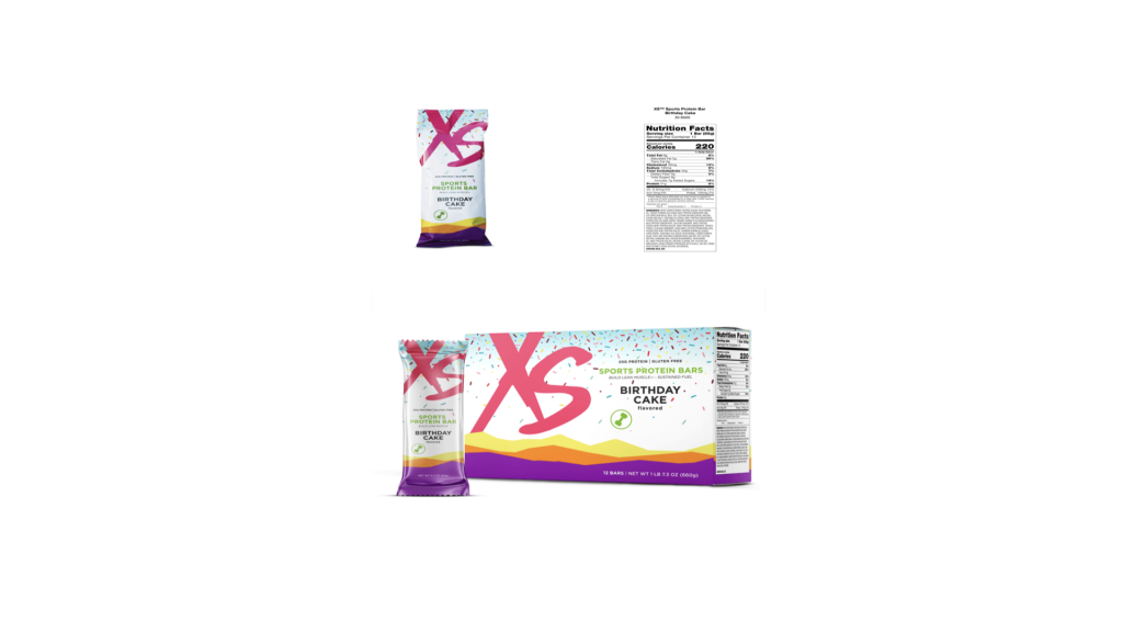 XS Birthday Cake Protein Bar with colorful sprinkles and vanilla frosting pieces on a clean, light background