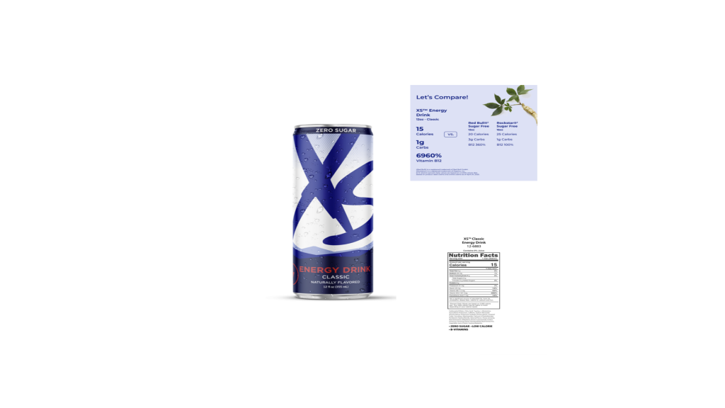 XS Classic Energy Drink can with bold metallic design and citrus highlights on a clean, dynamic background