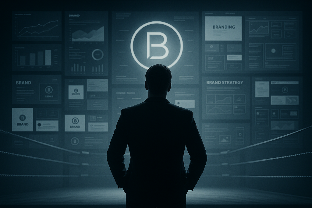 Visionary standing before projected digital brand designs.
