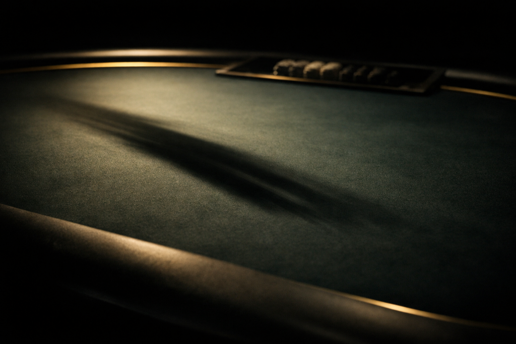 Time represented as the controlling force in uncertain environments, symbolized by a dealer’s table without cards.