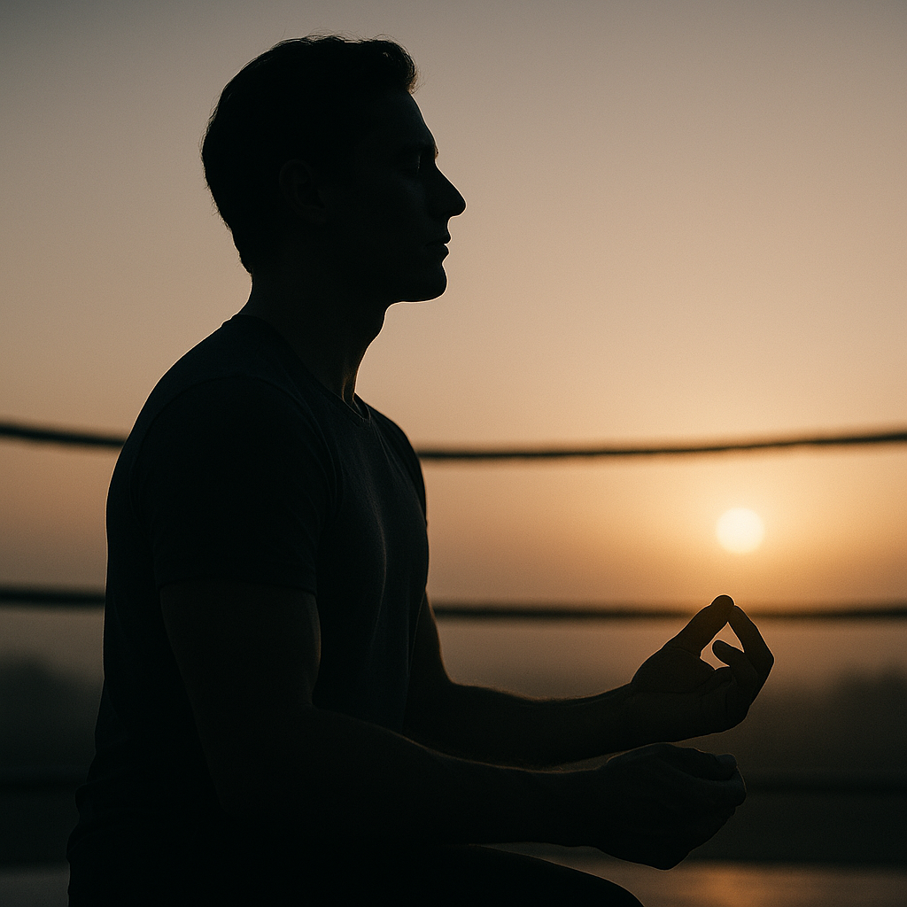 Silhouette meditating in sunrise light, symbolizing clarity and renewal.