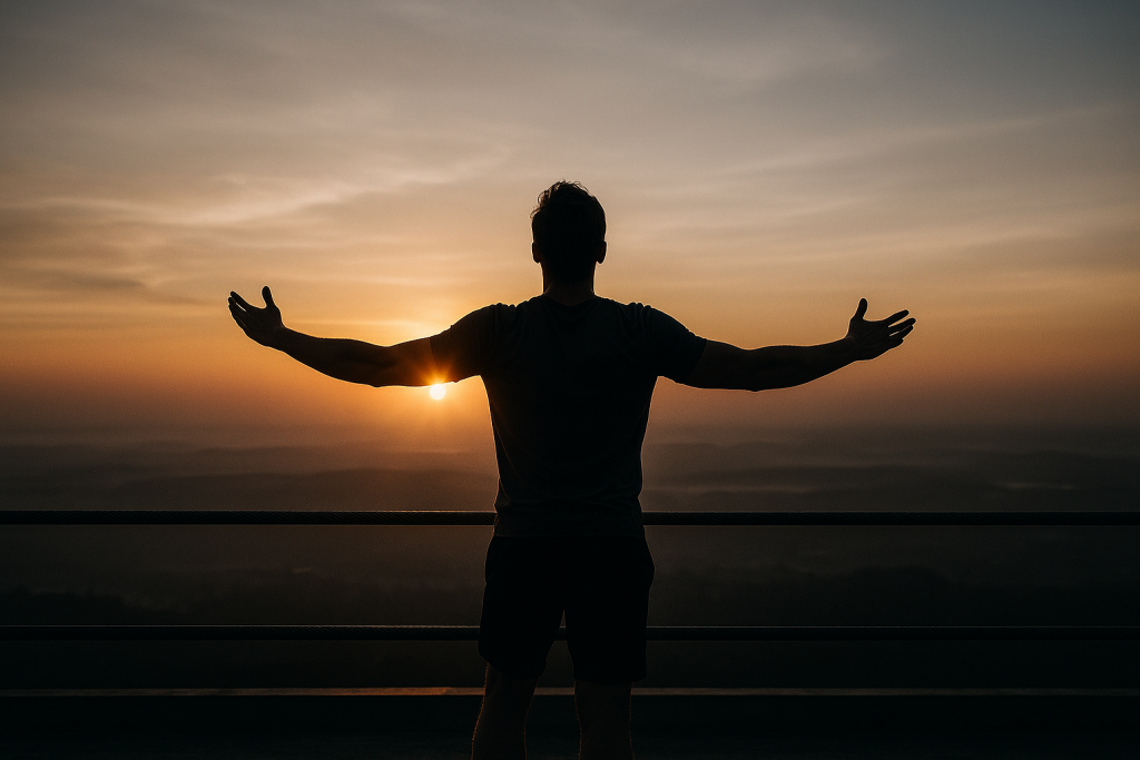 Athlete on rooftop at sunrise, arms raised toward dawn.