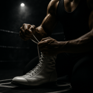 Wrestler lacing white boots under arena spotlight, symbolizing preparation and focus.