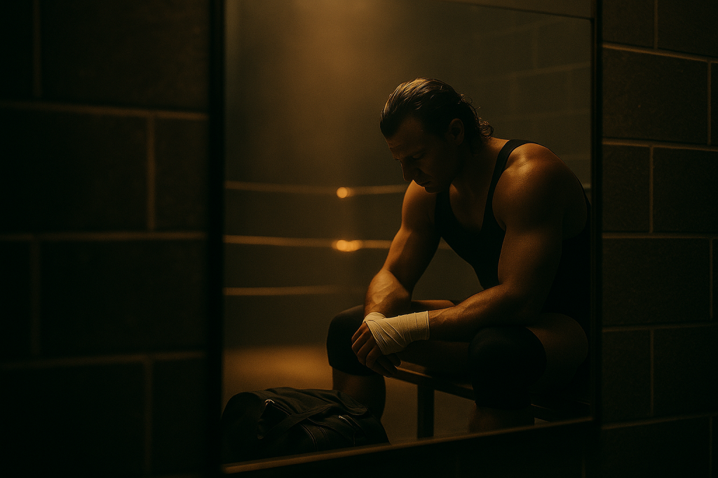 Performer reflecting in locker-room mirror under amber and grey light.