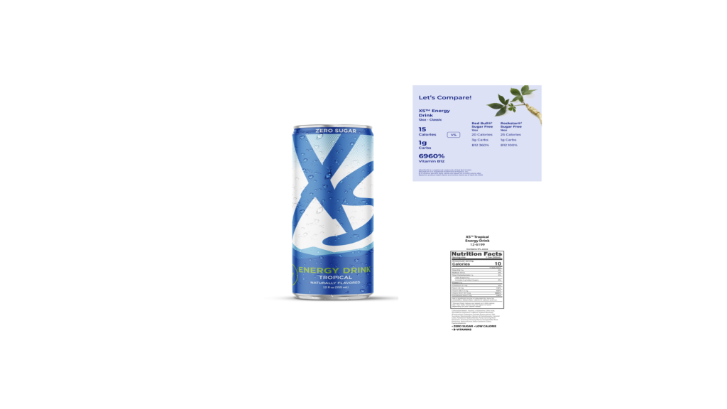 XS Tropical Blast Energy Drink can with vibrant citrus and tropical fruit accents on a bright, energizing background