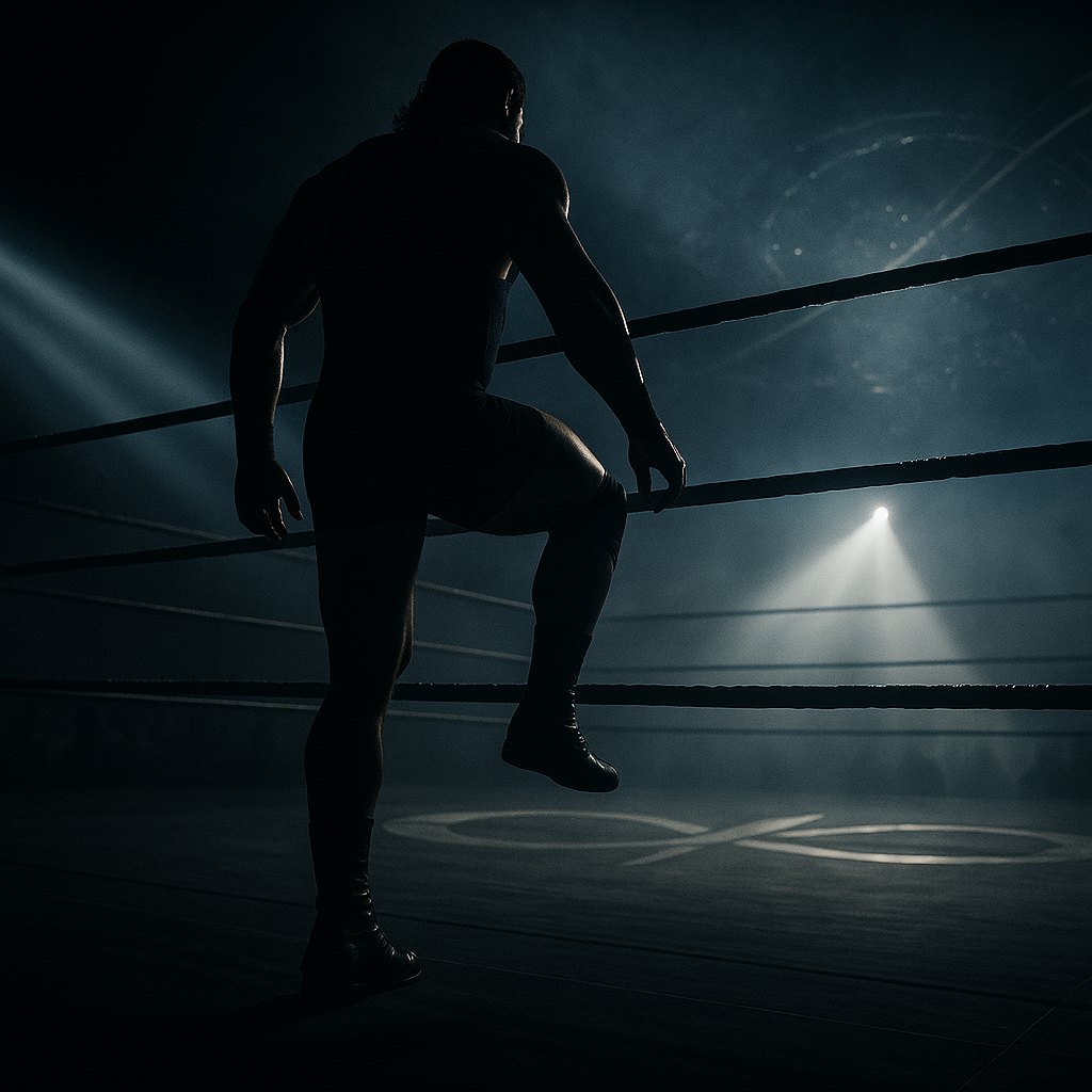Wrestler stepping through ring ropes under silver arena lights and haze.