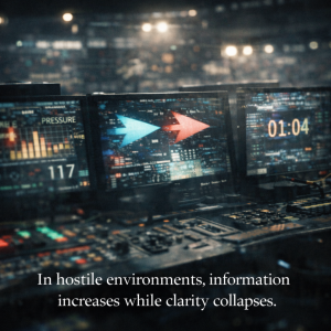 Hostile sports environment with conflicting signals and unstable live data displays.