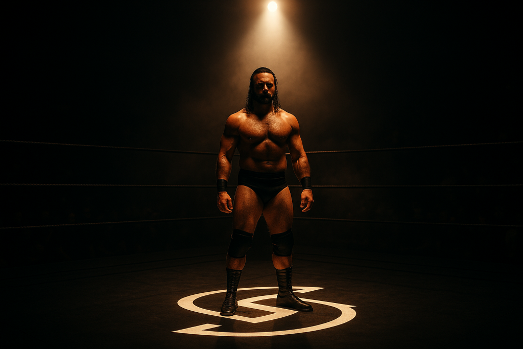 A wrestler stands under a spotlight on a glowing brand-mark logo in the center of a darkened arena, symbolizing transformation from persona to marketable identity.