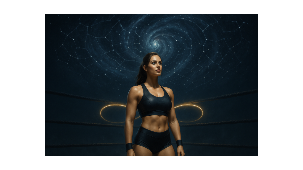 A lone wrestler stands beneath a swirling night sky shaped like a timeline of constellations, illuminated by light forming an infinity symbol in the ring ropes, symbolizing destiny, uniqueness, and balance of forces.