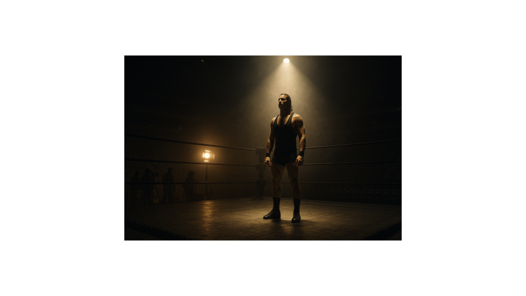 A professional wrestler stands alone in the ring under a single spotlight, symbolizing self-awareness, resilience, and purpose.