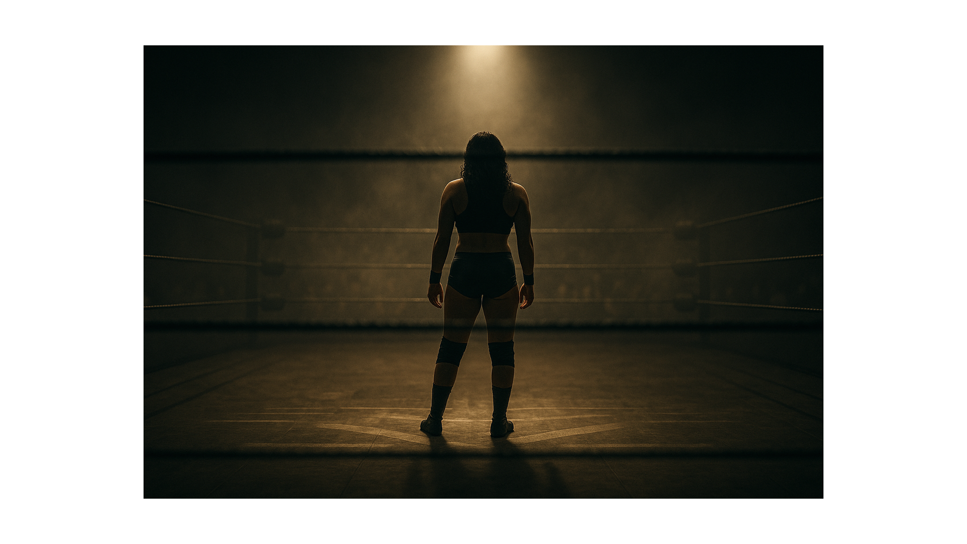 A lone wrestler standing in the center of a dimly lit ring, cinematic reflections in the ropes, symbolizing life’s journey.