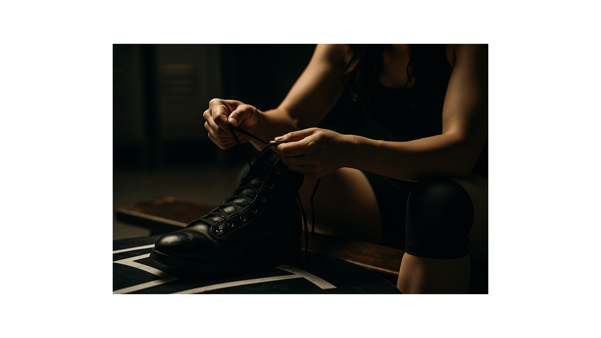 Close-up of a wrestler tying their boots, light on hands and laces, representing preparation and quiet resilience.
