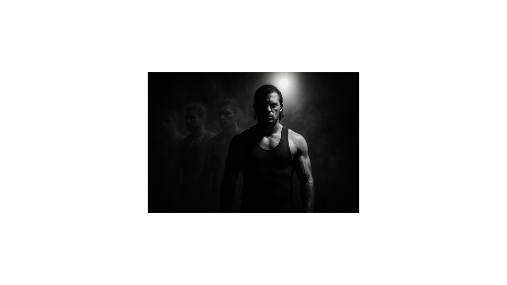 A professional wrestler stands under a single beam of light as faint reflections fade into darkness behind him, symbolizing strength, vulnerability, and the dual nature of self-creation.