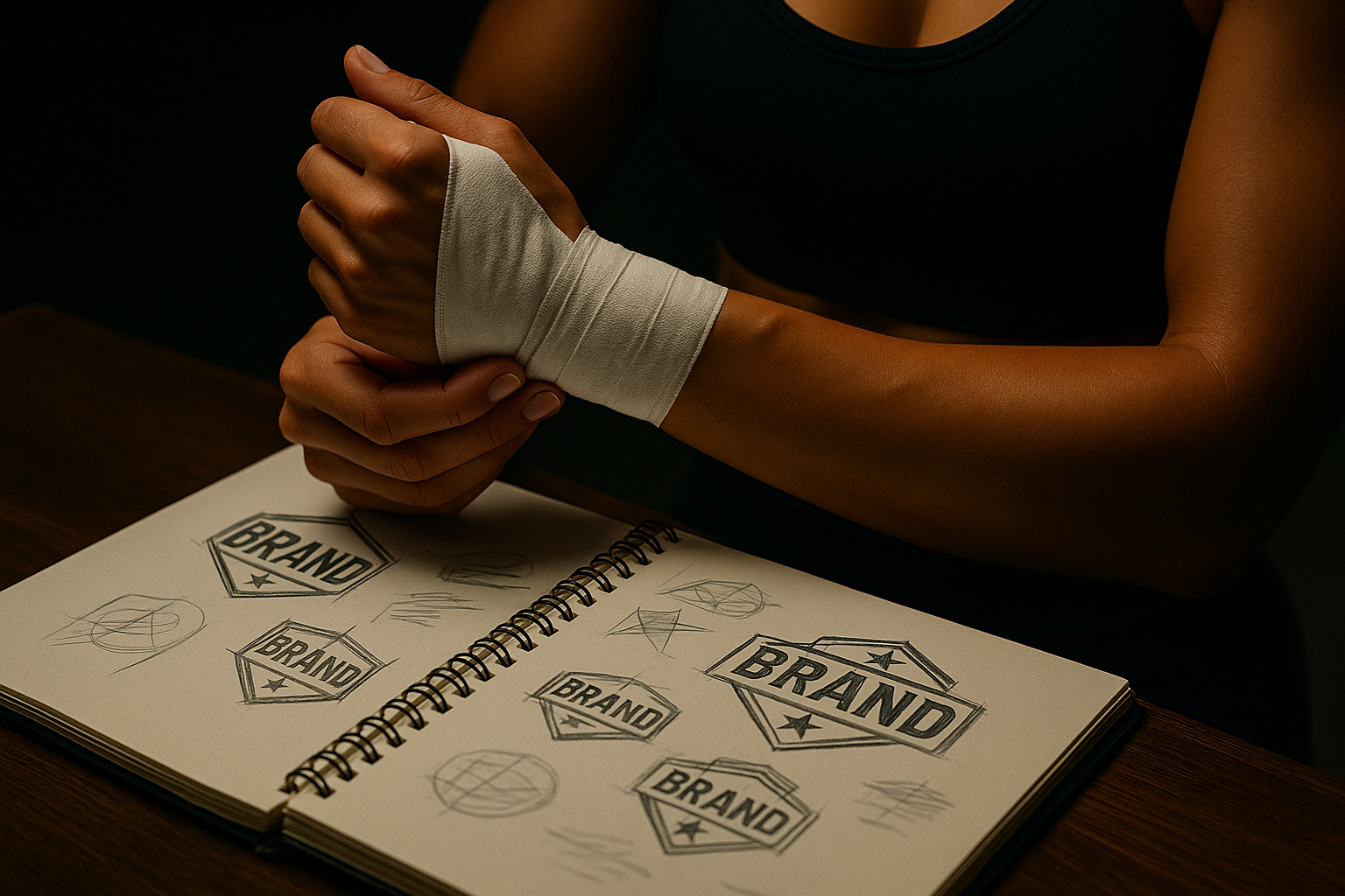 Wrestler adjusting wrist tape beside a sketchbook filled with logo drafts and brand ideas, representing preparation and vision building.