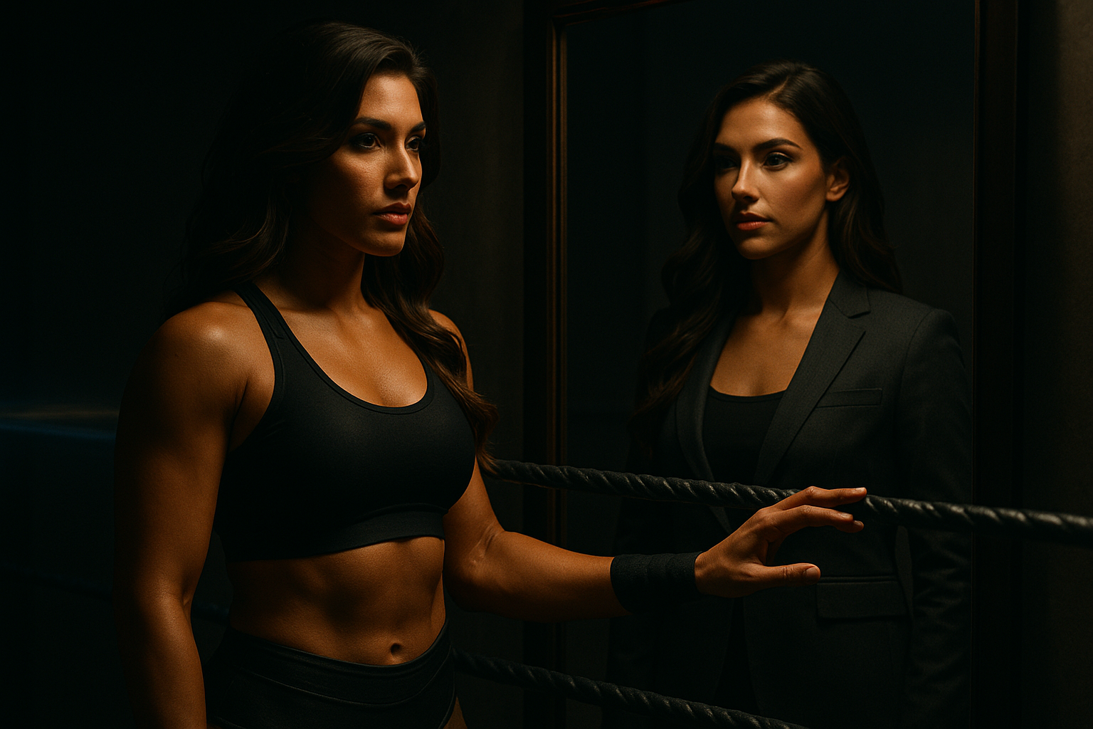 Wrestler standing before a mirror showing one reflection in wrestling gear and the other in business attire, symbolizing the union of performer and entrepreneur.