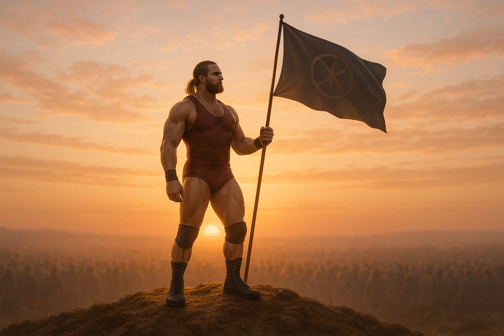 Wrestler standing atop a hill at dawn holding a flag with a subtle emblem, symbolizing awakening, leadership, and new beginnings.