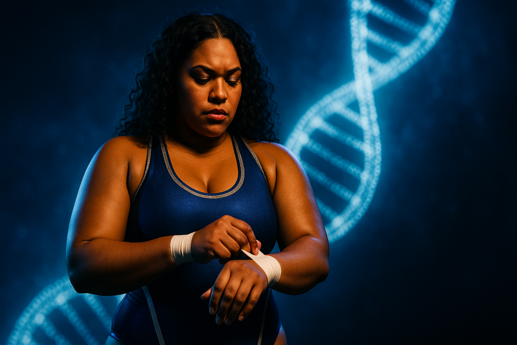 Wrestler taping her wrists before a glowing DNA double helix projection, symbolizing purpose, creation, and legacy through disciplined identity.